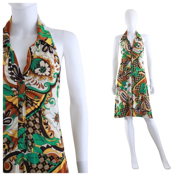 1970s Psychedelic Print Jersey Halter Dress - 197… - image 1