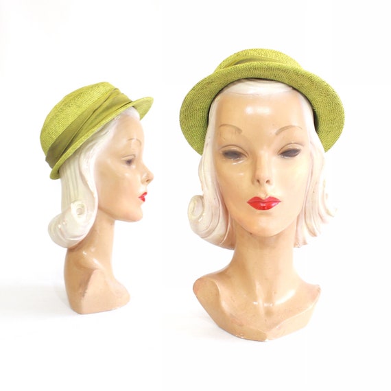 1950s Chartruese Green Straw Shell Cap Boater Hat