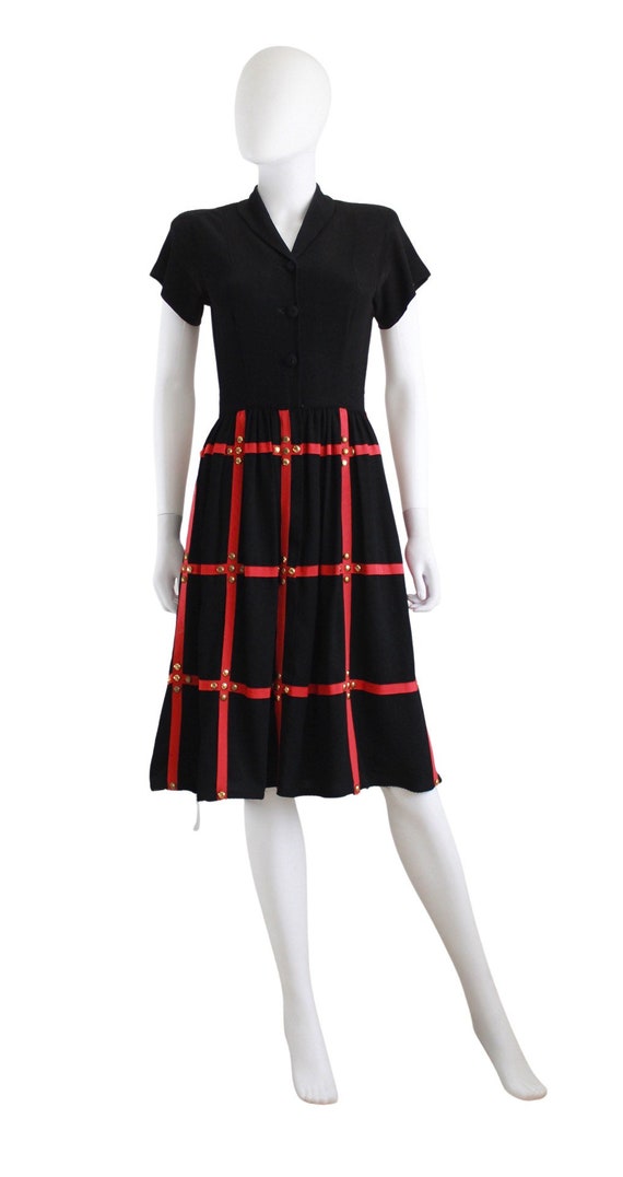 1940s Black & Red Day Dress with Gold Studs - 194… - image 2