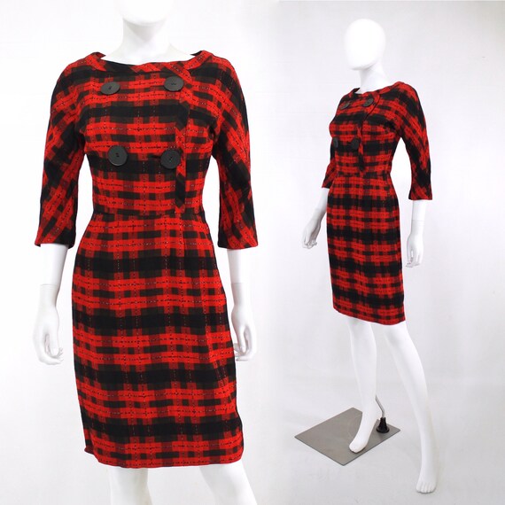 1950s Red & Black Plaid Wiggle Dress - 1950s Wiggl