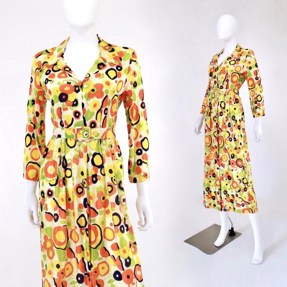 1960s Orange and Green Trippy Daisy Dress - 1960s