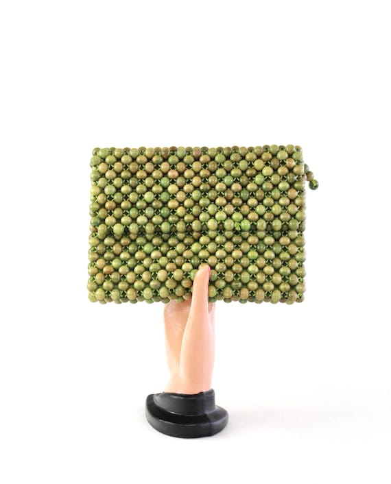 1950s Wood Bead Purse - 50s Green Bead Purse - 195