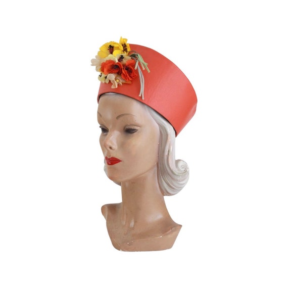 1960s Orange Vinyl Leather Pillbox Toque Hat 1960s … Gem