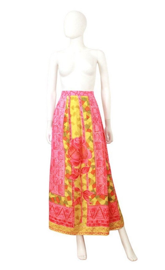 1960s Tiki Rose Print Maxi Skirt 1960s Pink Rose Print Skirt | Etsy