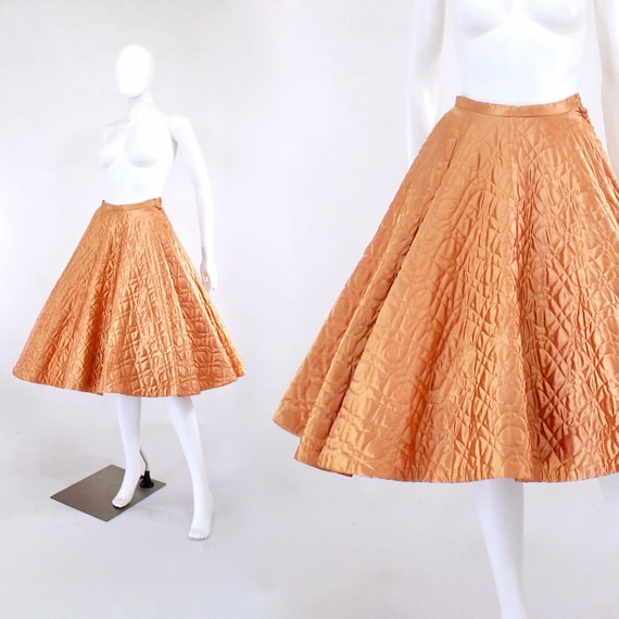 1950s Quilted Apricot Satin Skirt - 1950s Quilted