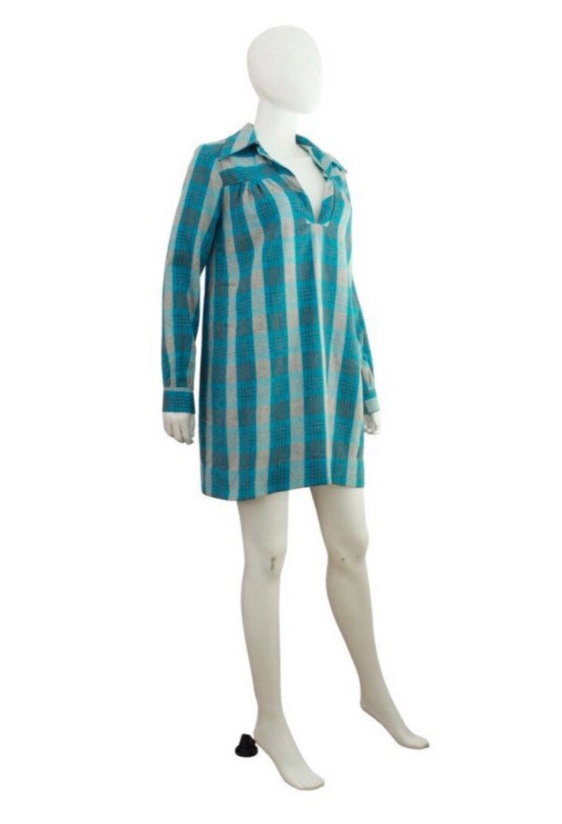 1970s Teal Wool Plaid Tunic Dress 1970s Plaid Dress 1970s Blue Plaid Dress Vintage Wool Plaid Dress 1970s Tunic Dress Size Small image 5