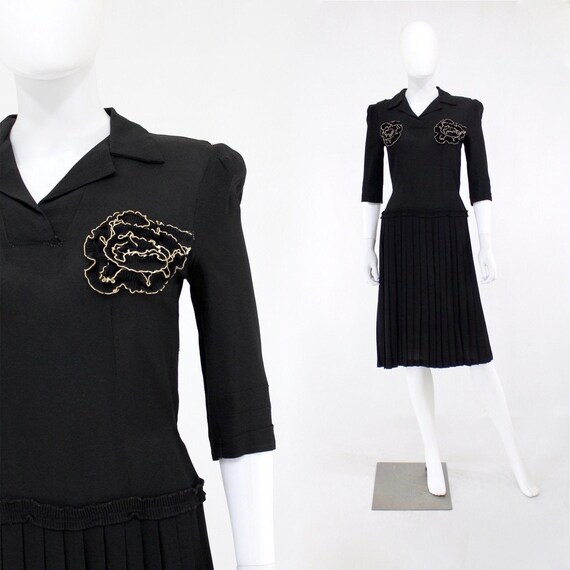 1930s Black Day Dress - 1930s Black Crepe Dress -