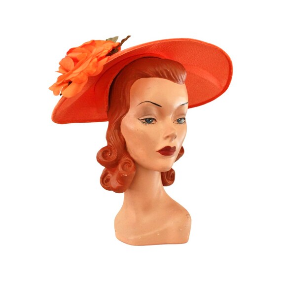 1950s Orange Wide Brim Platter Hat - 1950s Orange Saucer Hat - 50s Orange Hat - Vintage Orange Platter Hat - Vintage Orange Hat - 1950s Hat