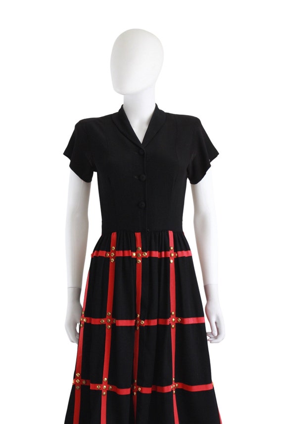 1940s Black & Red Day Dress with Gold Studs - 194… - image 3