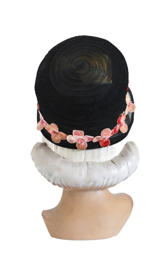 1920s Black Cloche Hat with Pale Pink Velvet Flow… - image 7