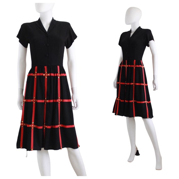1940s Black & Red Day Dress with Gold Studs - 194… - image 1