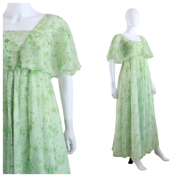 1970s Ethereal Spring Green Floral Chiffon Dress With Flutter | Etsy