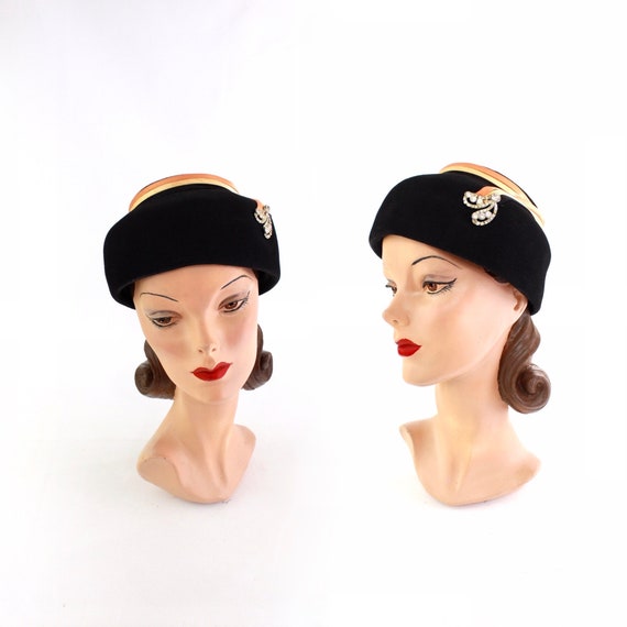 1950s Autumn Pillbox Hat - 1950s Black & Orange Ha