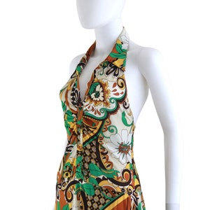 1970s Psychedelic Print Jersey Halter Dress 1970s Halter Dress 1970s Psychedelic Dress 70s Green Dress 70s Yellow Dress Size Small image 4