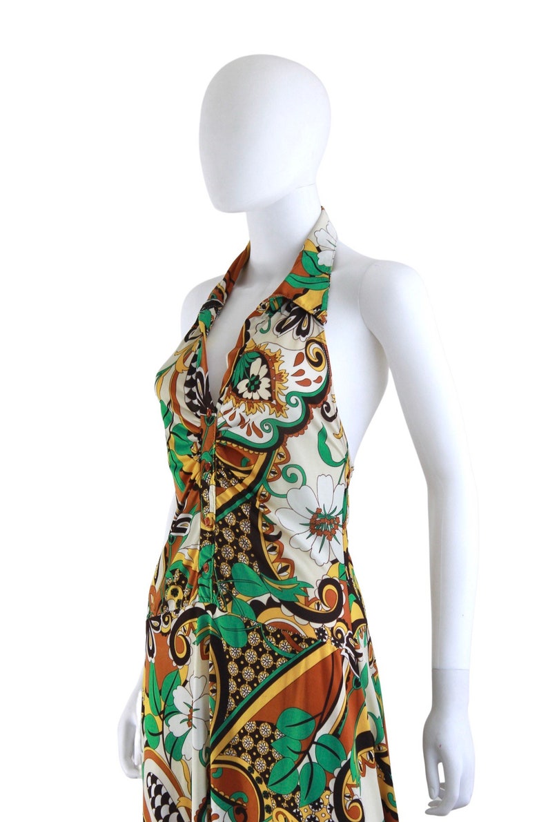 1970s Psychedelic Print Jersey Halter Dress 1970s Halter Dress 1970s Psychedelic Dress 70s Green Dress 70s Yellow Dress Size Small image 4