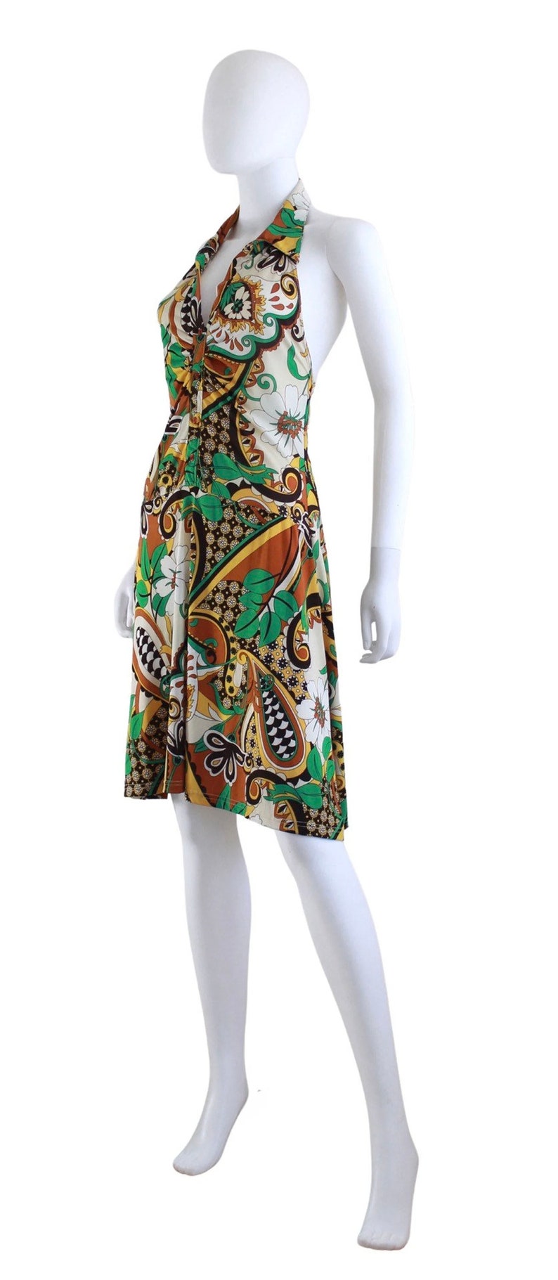 1970s Psychedelic Print Jersey Halter Dress 1970s Halter Dress 1970s Psychedelic Dress 70s Green Dress 70s Yellow Dress Size Small image 5