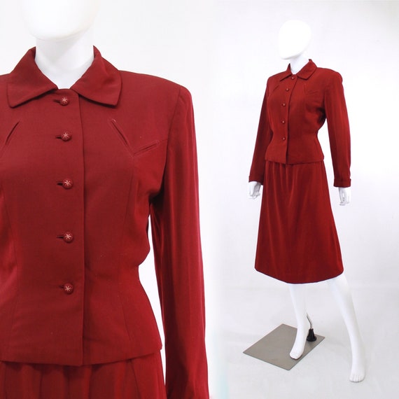 Early 1950s Cranberry Red Gabardine Suit - 1940s R