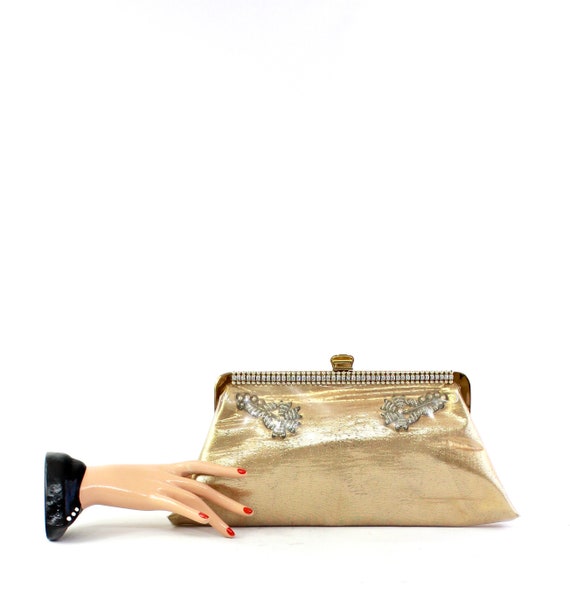 1950s Gold Vinyl Clutch Purse with Rhinestone Deta