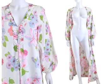 1960s Pink Floral Dressing Gown - 1960s Floral Robe - 1960s Nylon Robe - 60s Nylon Dressing Gown - Vintage Nylon Robe | Size Medium / Large