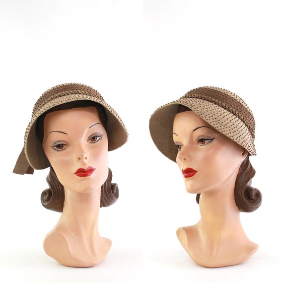 1950s Beaded Bonnet - 1950s Tan Bonnet - 1950s Clo