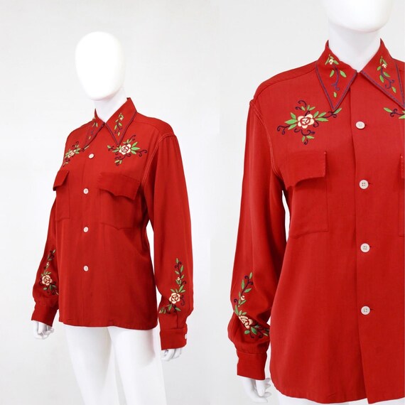 1940s Holiday Red Embroidered Western Blouse - 194