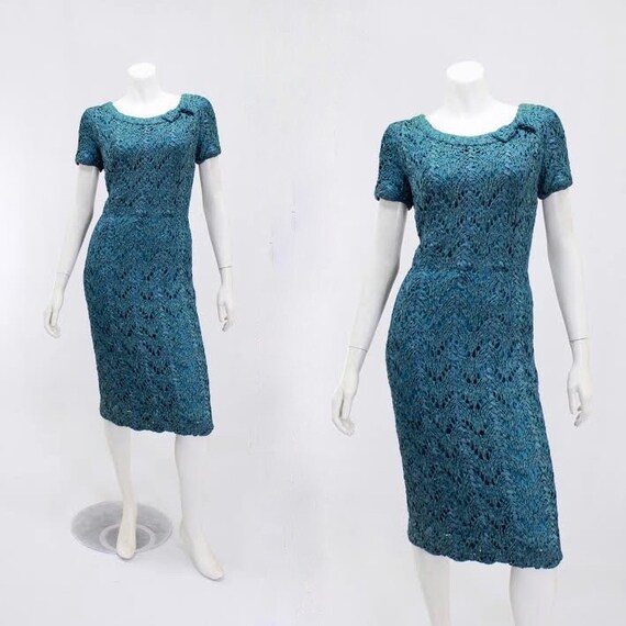 1950s Wiggle Dress - 1950s Teal Dress - 1950s Ribb