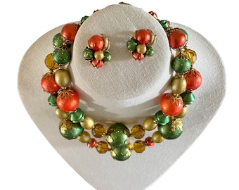 1960s Orange Green & Gold Large Bead Necklace and Earring Set - Vintage Necklace and Matching Earrings - Mid Century Necklace - 60s Earrings