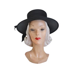 1950s Black Straw Sun Hat - 1950s Black Sun Hat - Vintage Black Straw Hat - 1950s Womens Black Hat - 1950s Straw Hat - 1950s Wide Brim Hat