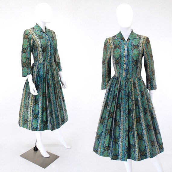 1950s Jewel Tone Shirtwaist Dress - 1950s Teal Shi