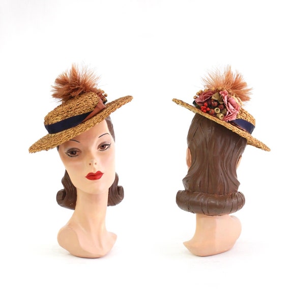 RESERVED | 1940s Straw Tilt Hat - 1940s Autumn Ti