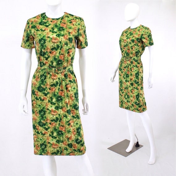 Early 1960s Green & Orange Abstract Floral Wiggle