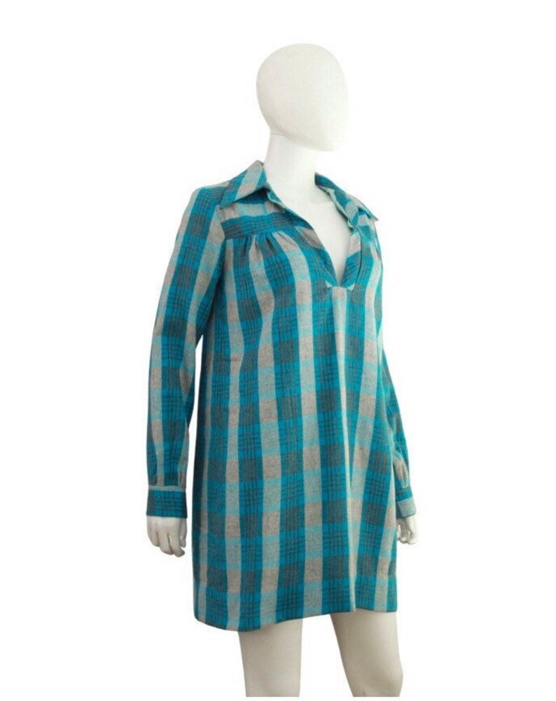1970s Teal Wool Plaid Tunic Dress 1970s Plaid Dress 1970s Blue Plaid Dress Vintage Wool Plaid Dress 1970s Tunic Dress Size Small image 6