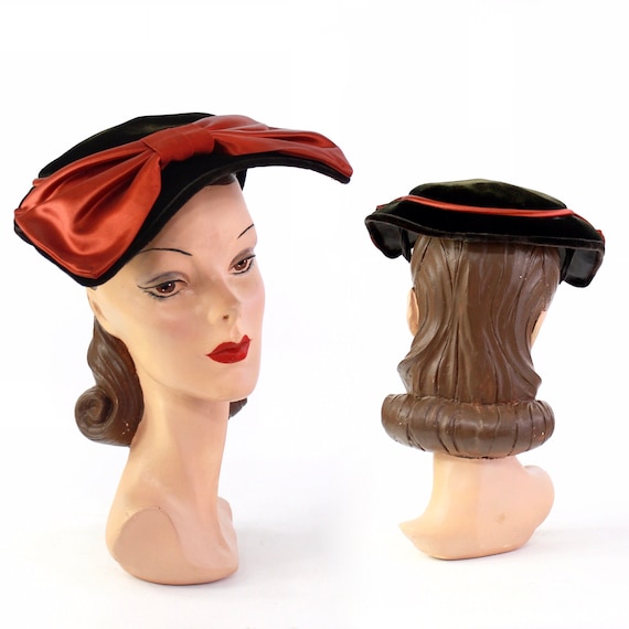 1950s Dark Brown Saucer Hat with Cinnamon Satin Bo
