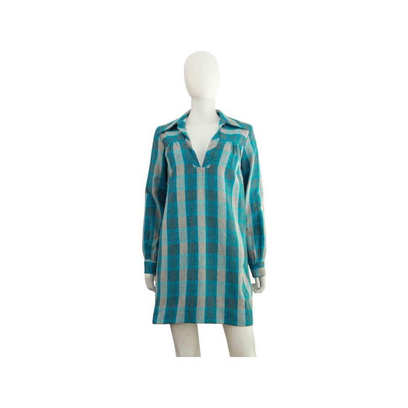 1970s Teal Wool Plaid Tunic Dress 1970s Plaid Dress 1970s Blue Plaid Dress Vintage Wool Plaid Dress 1970s Tunic Dress Size Small image 4