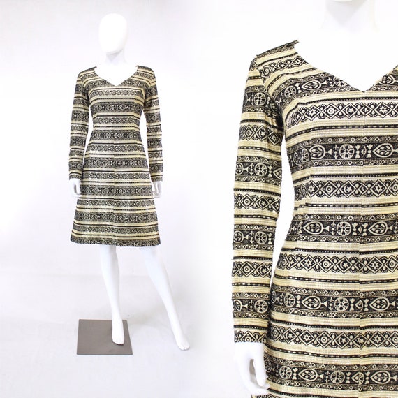 1960s Black & Gold Lurex Border Print Cocktail Dre