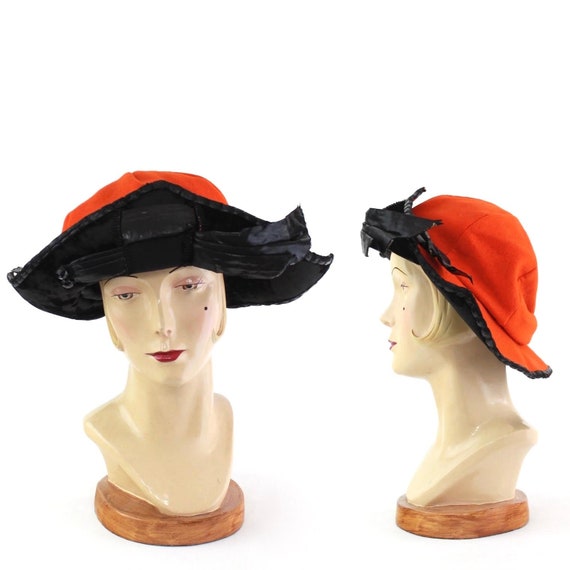 RARE Early 1920s Orange & Black Bicorn Hat - 1920s