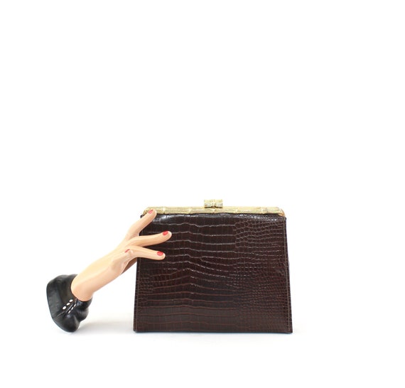 1940s Dark Brown Faux Lizard Leather Clutch - 1940