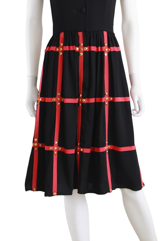 1940s Black & Red Day Dress with Gold Studs - 194… - image 4