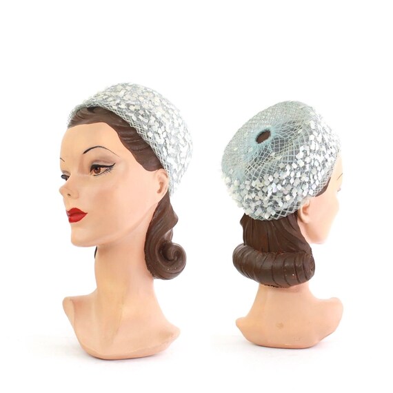 RESERVED | 1960s Ice Blue Paillette Pillbox Hat -