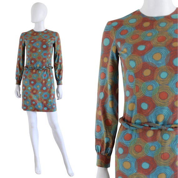 1960s Jewel Tone Abstract Print Wiggle Dress - 19… - image 1