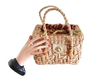 1950s Straw Basket Purse with Cherry Detail - Vintage Cherry Purse - Vintage Straw Handbag - 1950s Straw Handbag - 1950s Novelty Purse