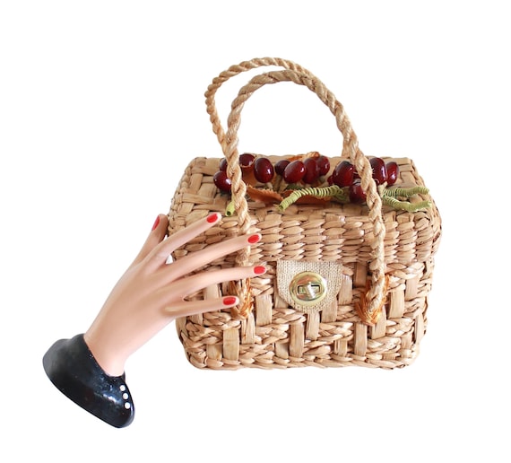 1950s Straw Basket Purse With Cherry Detail Vintage Cherry Purse Vintage  Straw Handbag 1950s Straw Handbag 1950s Novelty Purse 