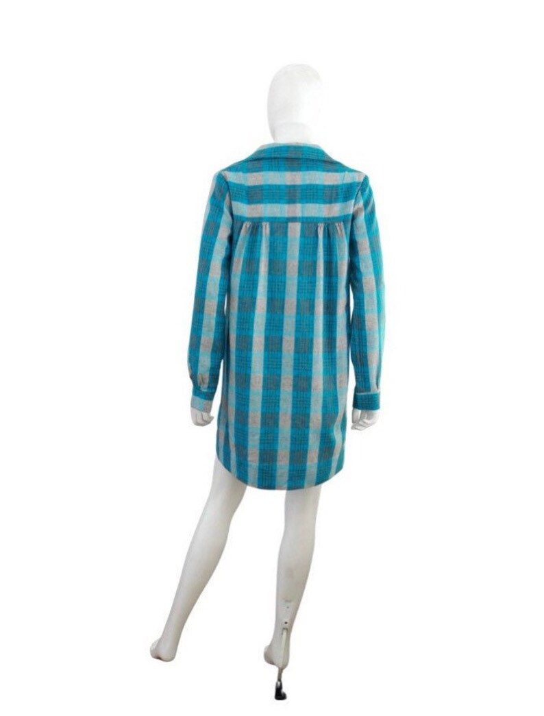 1970s Teal Wool Plaid Tunic Dress 1970s Plaid Dress 1970s Blue Plaid Dress Vintage Wool Plaid Dress 1970s Tunic Dress Size Small image 9