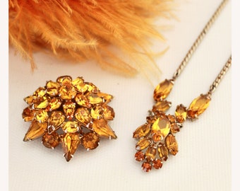 1960s Yellow Topaz Rhinestone Demi Parure Necklace & Brooch Set - 1960s Topaz Jewelry - Vintage Topaz Jewelry Set - 1960s Topaz Necklace