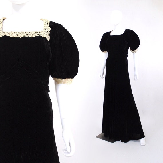 1930s Puff Sleeve Gown - 1930s Black Velvet Dress