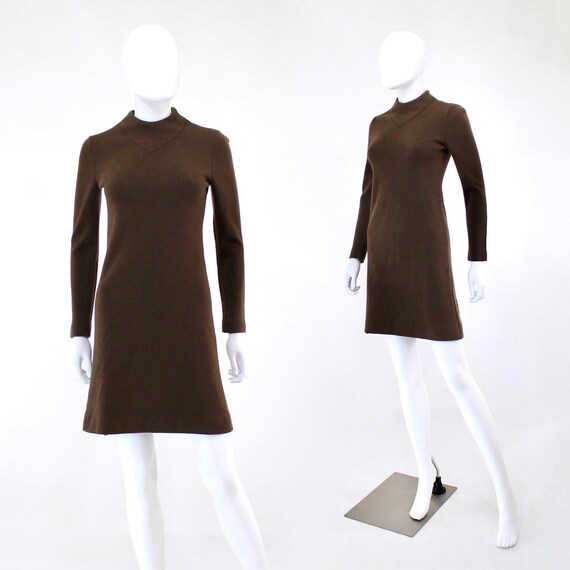 1960s Chocolate Brown Mod Knit Mini Dress - 1960 K
