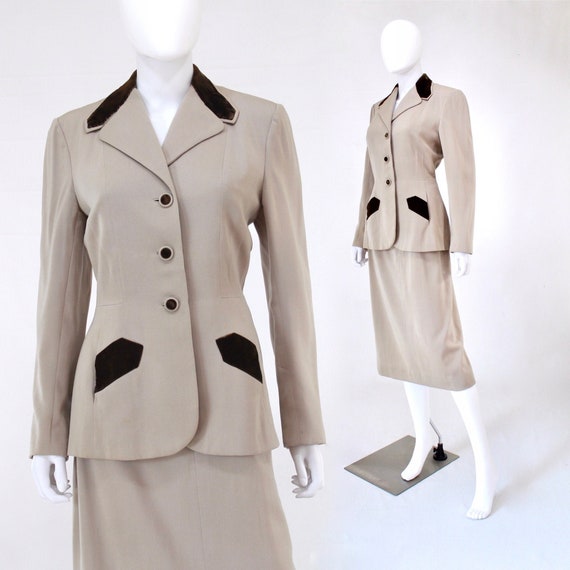 1940s Beige Suit with Brown Velvet Trim - 1940s Wo
