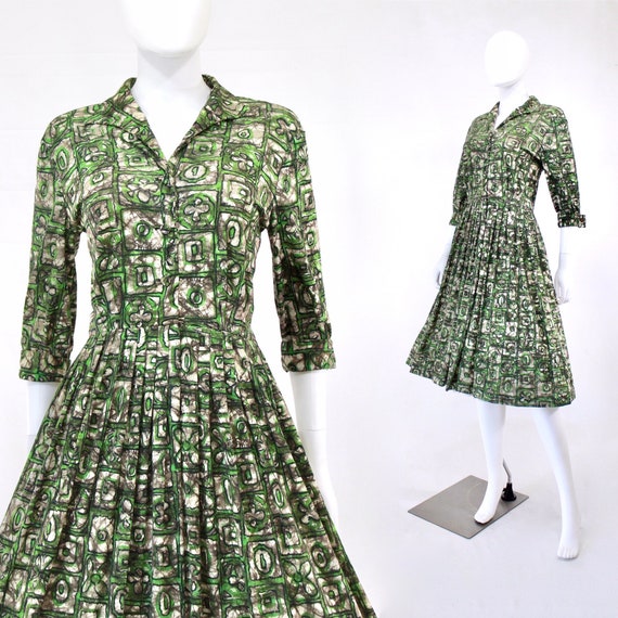 1950s Green X & O Print Shirtwaist Day Dress - 50s