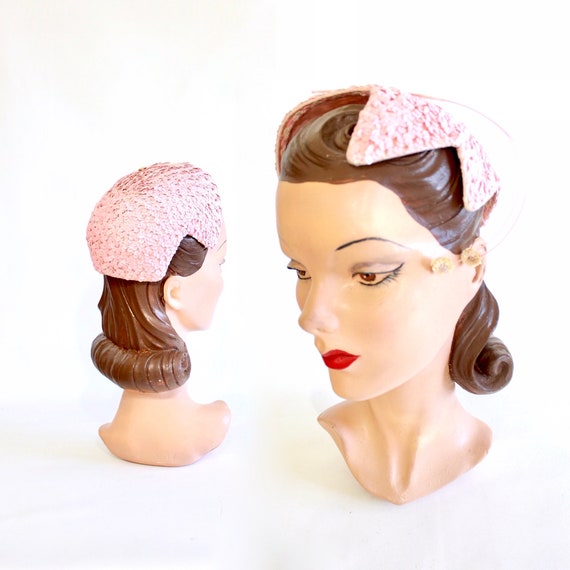 1950s Pink Sequin Cocktail Hat - Vintage Pink Cock