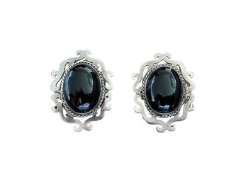1950s Signed Sterling Silver Framed Black Button Clip On Earrings - 50s Sterling Earrings - Vintage Sterling Silver Earrings - 50s Earrings